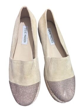 Steve Madden Women’s Beige Suede Espadrille Flats with Embellished Toe